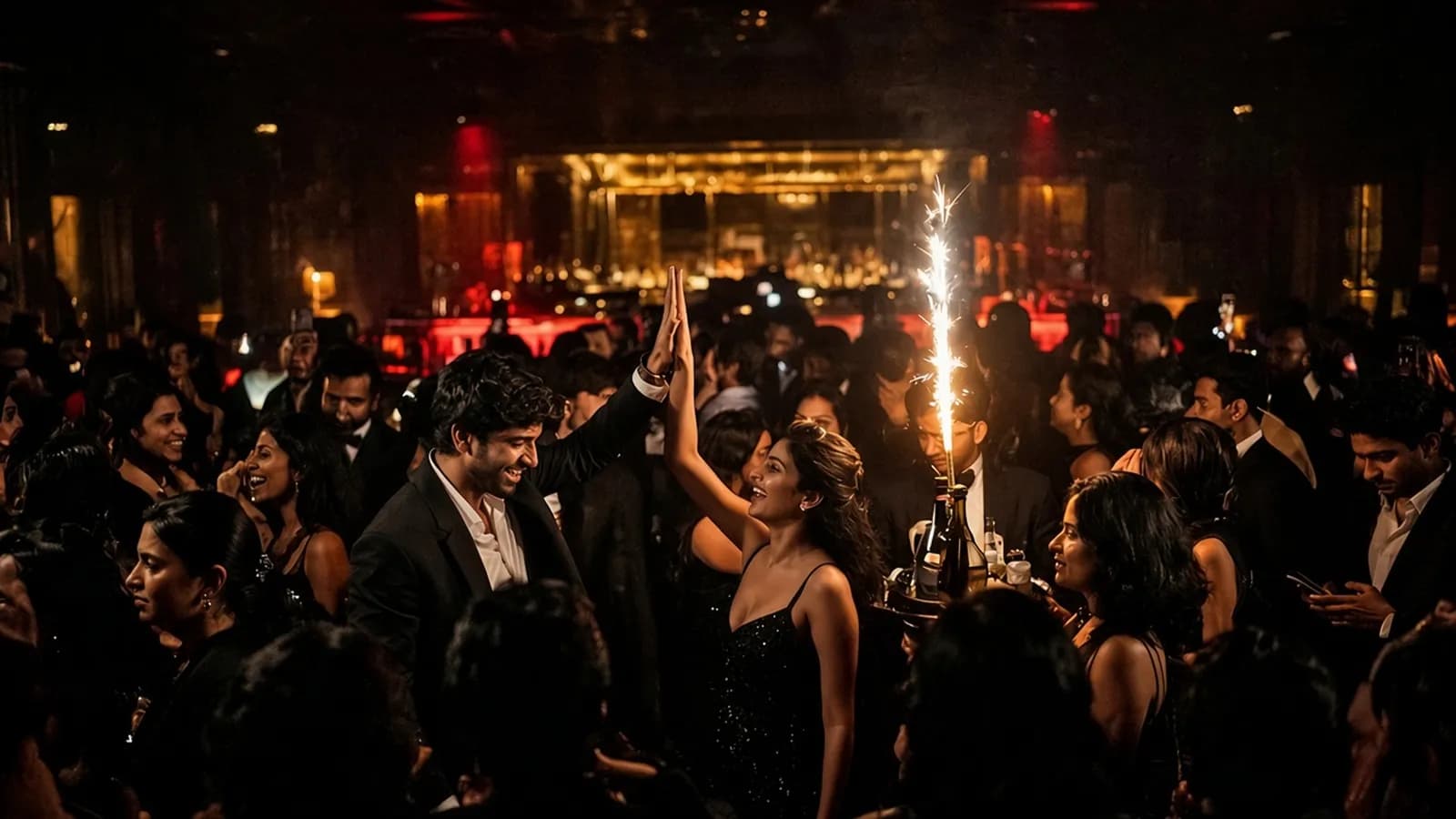 Friends celebrating in a crowded upscale nightclub.