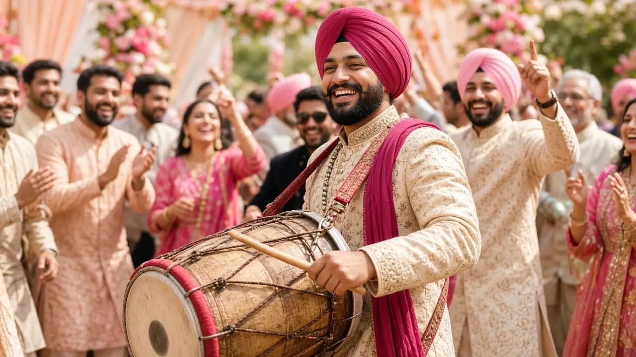 A dhol player leading a wedding procession.