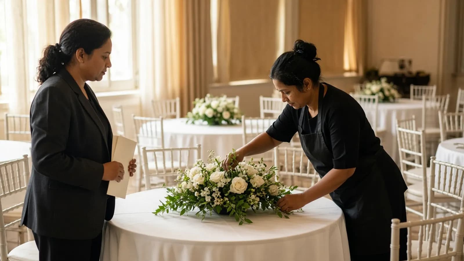 An event planner reviewing room setup with a florist.