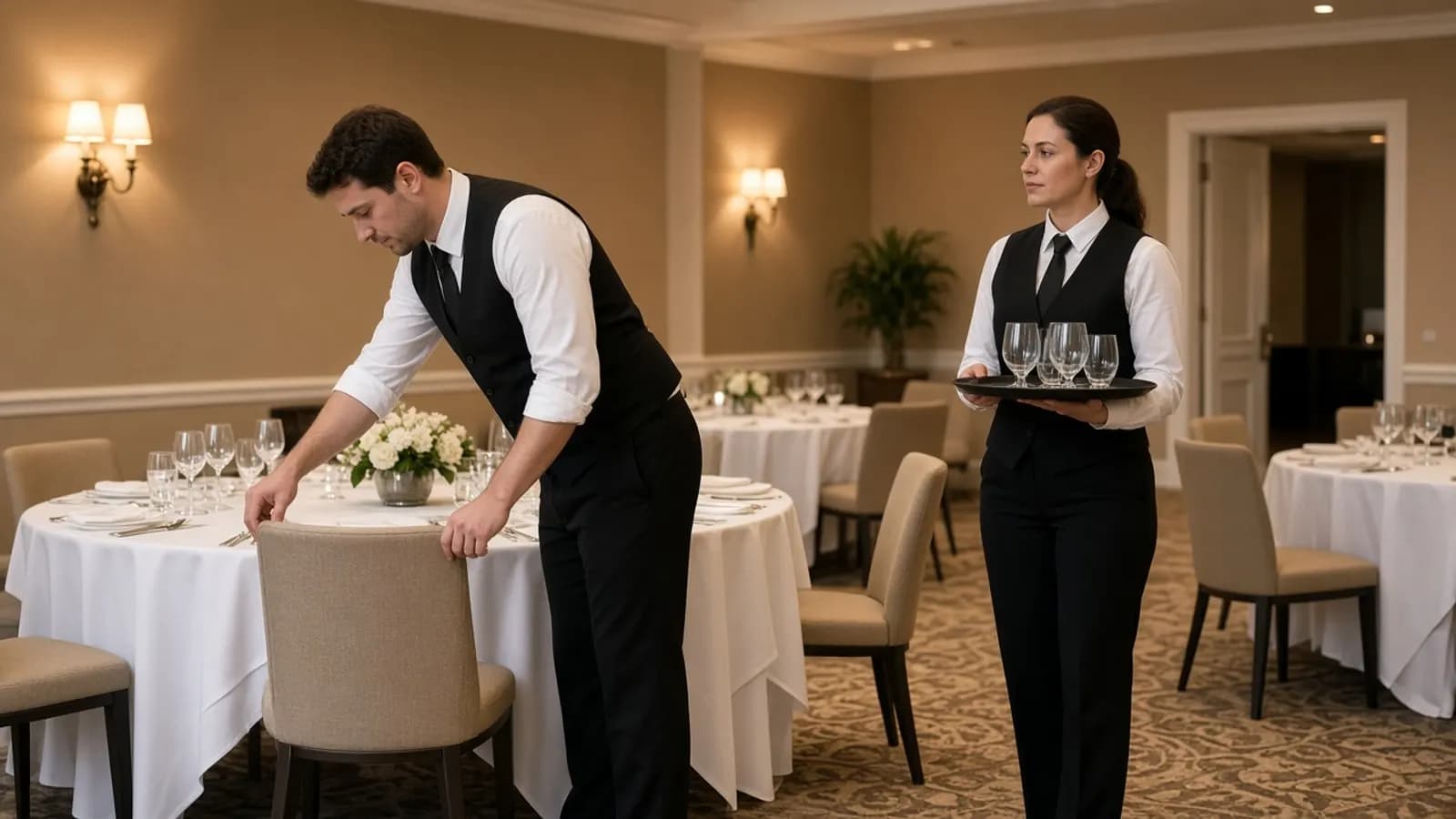 Two staff members preparing glassware and chairs in an empty event room.