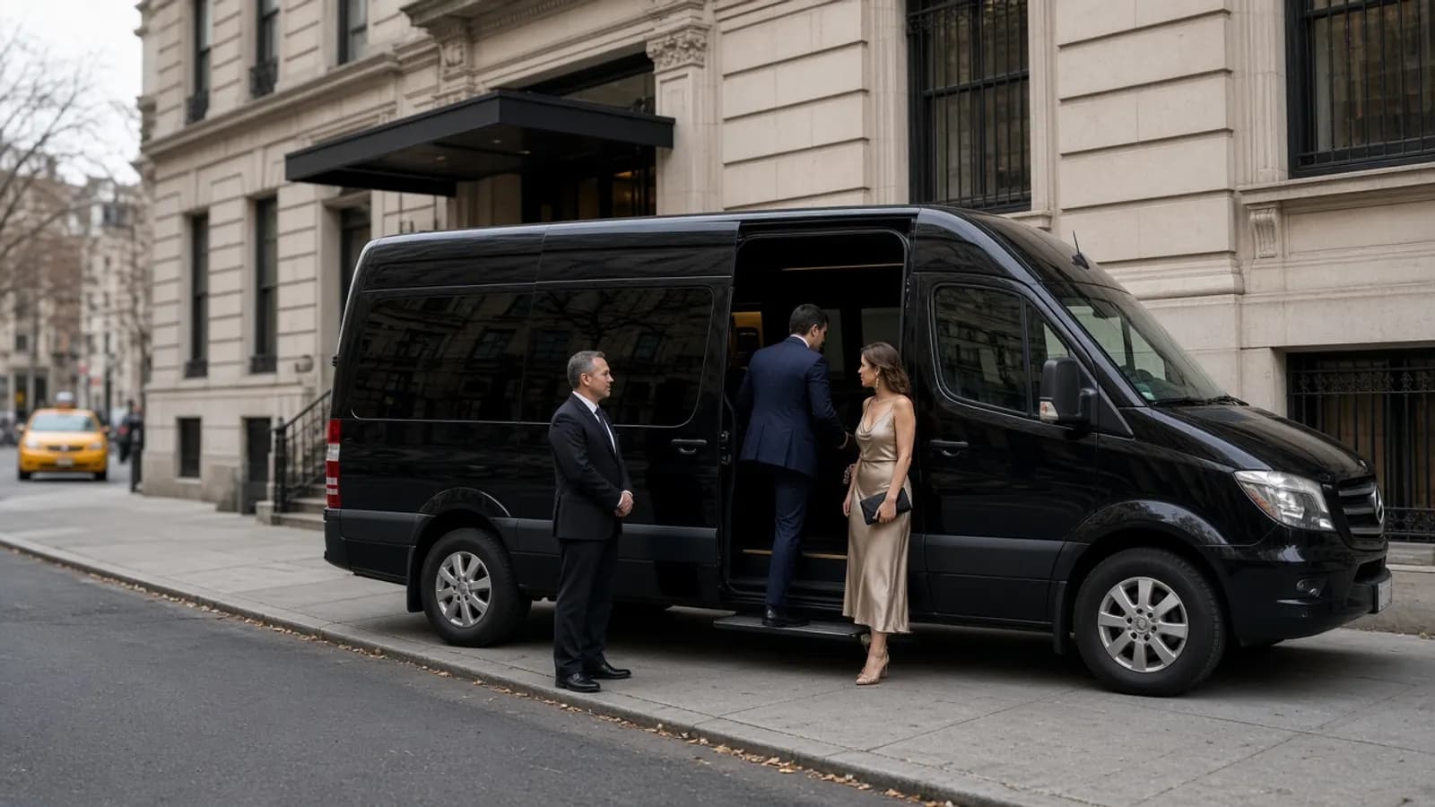 A black passenger van at a city curb with a driver and guests.