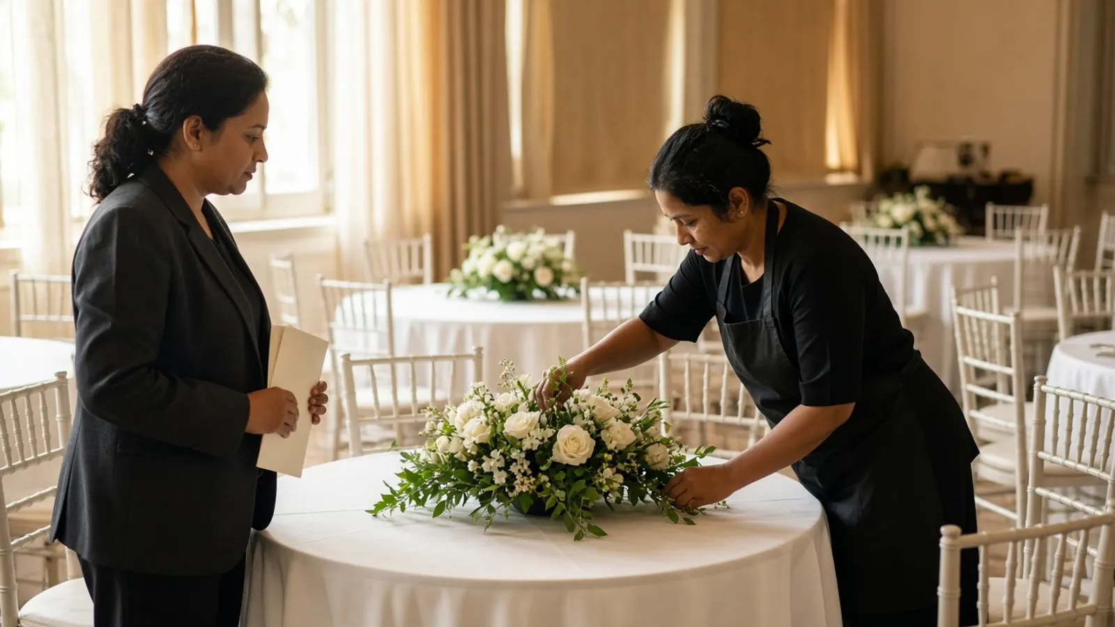 An event planner reviewing room setup with a florist.