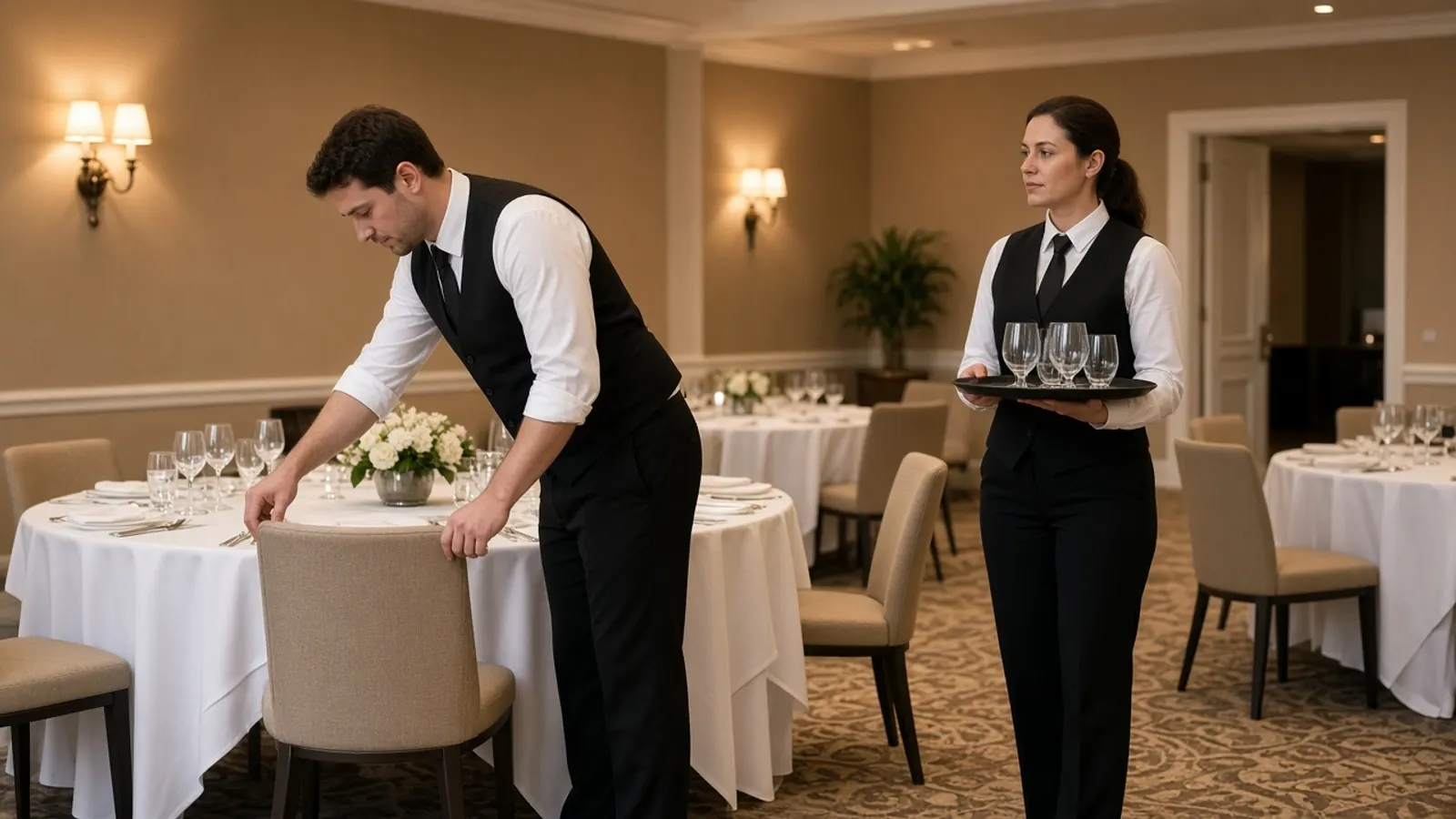 Two staff members preparing glassware and chairs in an empty event room.